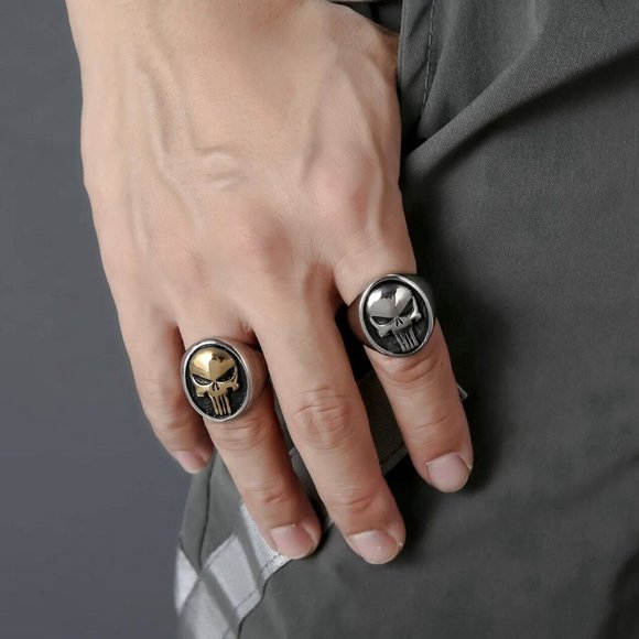 New Gold Plated Tone Stainless Steel Mens Biker Punisher Skull Ring Size 7-15 - Picture 5 of 8